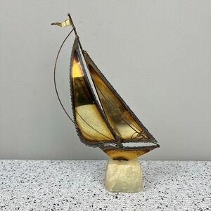 Vintage Mario Jason Signed Sailboat Metal Sculpture‎ Brutalist Art 9" MCM